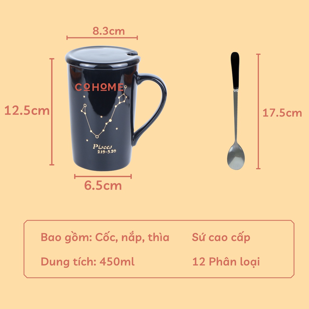 Ly cốc sứ cung hoàng đạo màu đen và trắng 450ml có nắp đậy, ly sứ làm quà tặng, trang trí
