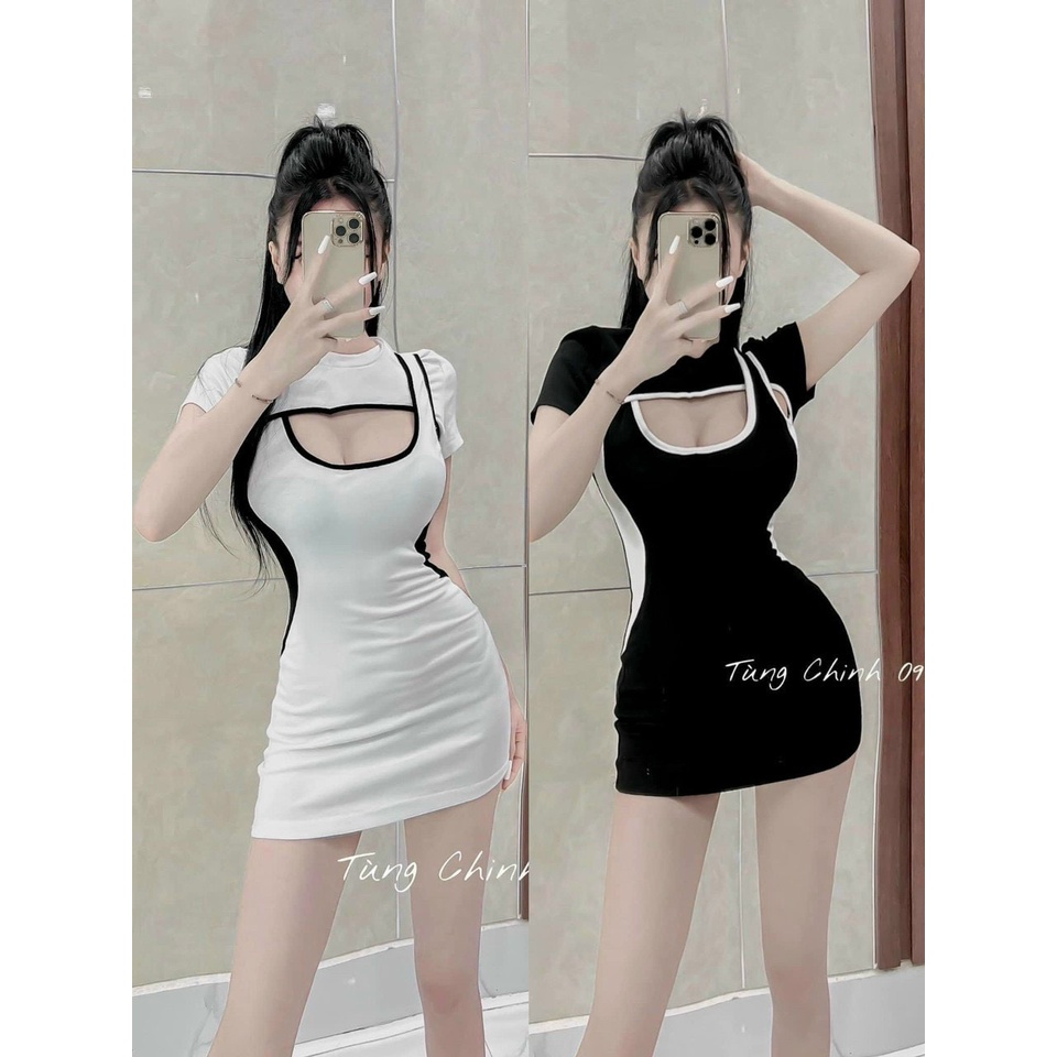 Đầm viền màu tay ngắn khoét ngực ôm body cực sexy , chất thun gân dày dặn