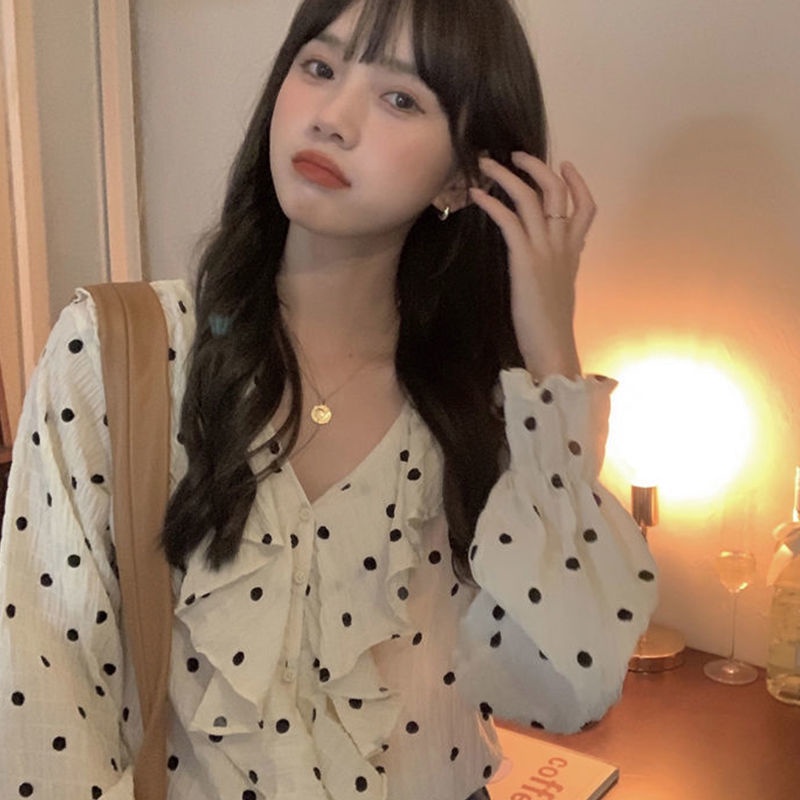 Áo Sơ Mi Cổ Chữ V Tay Dài Dáng Rộng Họa Tiết Chấm Bi Phong Cách Pháp 2022 Thời Trang Cho Nữ