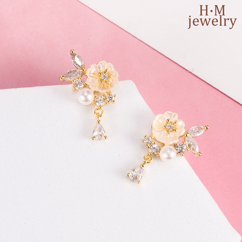 Khuyên Tai Hoa Mộc Lan Đính Đá Zircon Ngọc Trai Siêu Cổ Tích Sang Trọng Đơn Giản