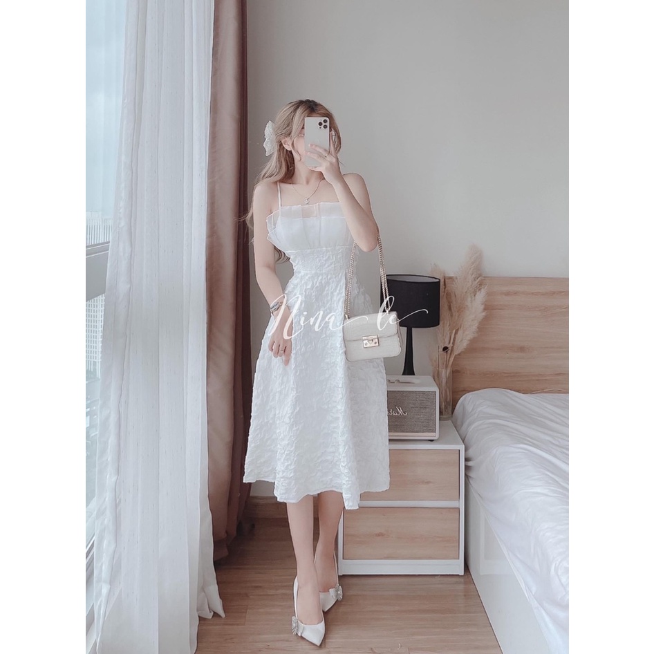 Đầm gấm - Váy gấm 2 dây mix voan ly ngực họa tiết nổi phong cách Hàn Quốc, trong sáng dễ thương xinh đẹp gấm hoa 2 lớp