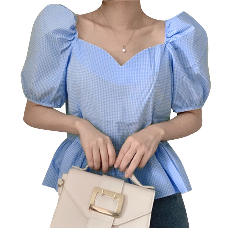 Áo kiểu VONDA tay ngắn phồng cổ vuông họa tiết sọc caro phong cách Hàn Quốc thời trang mùa hè cho nữ