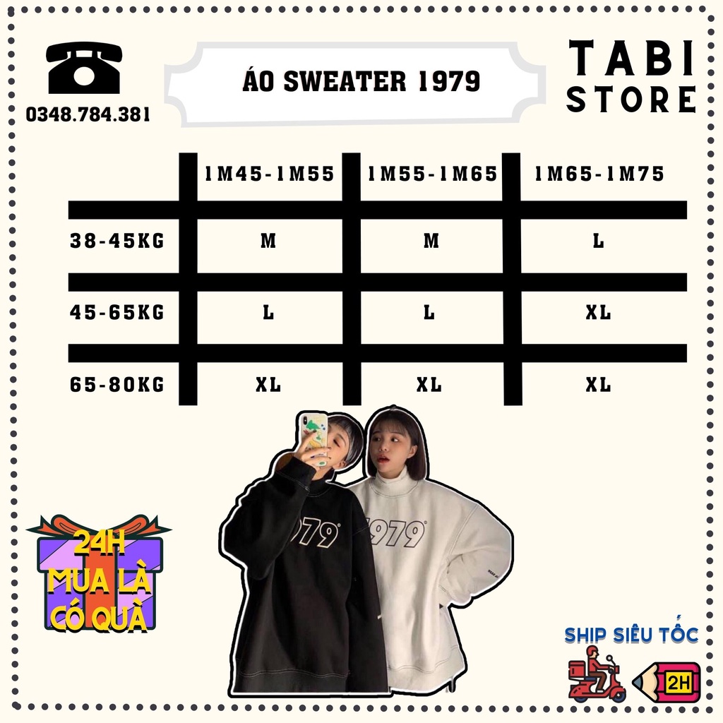 Áo sweater unisex  𝑭𝑹𝑬𝑬𝑺𝑯𝑰𝑷  Áo dài tay dáng rộng nỉ bông cotton dưới 75kg TABI STORE - Áo sweater 1979 dài tay nó