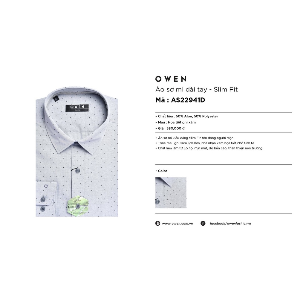 Áo Sơ Mi Nam Dài Tay Owen AS22941D Somi Công Sở Cao Cấp Màu Ghi Xám Chấm Bi Dáng Ôm Không Túi Chất Lô Hội Mềm Mát
