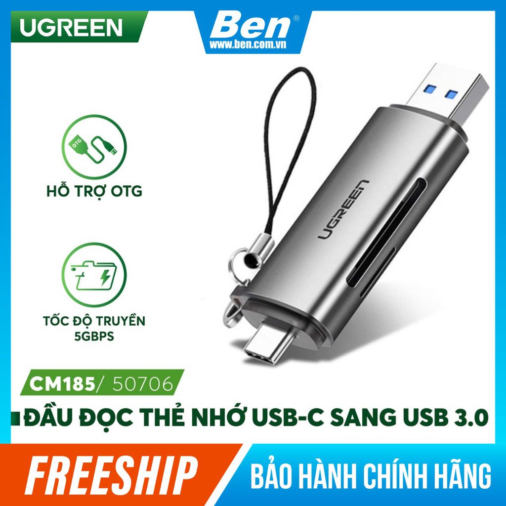 [Mã SKAMAP6 giảm 8% đơn 250k] Đầu đọc thẻ USB type C với 2 khe thẻ cắm SD và OTG UGREEN CM184 CM185