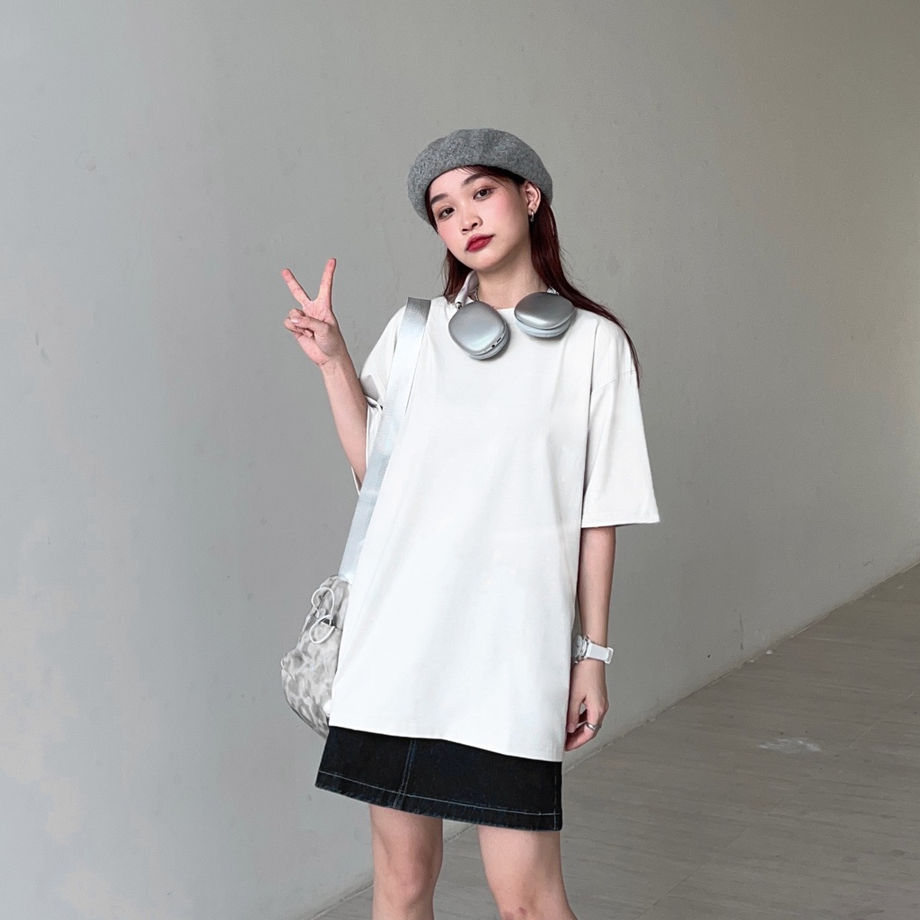 Áo thun oversize trơn nam nữ cotton màu trắng đen form rộng W0