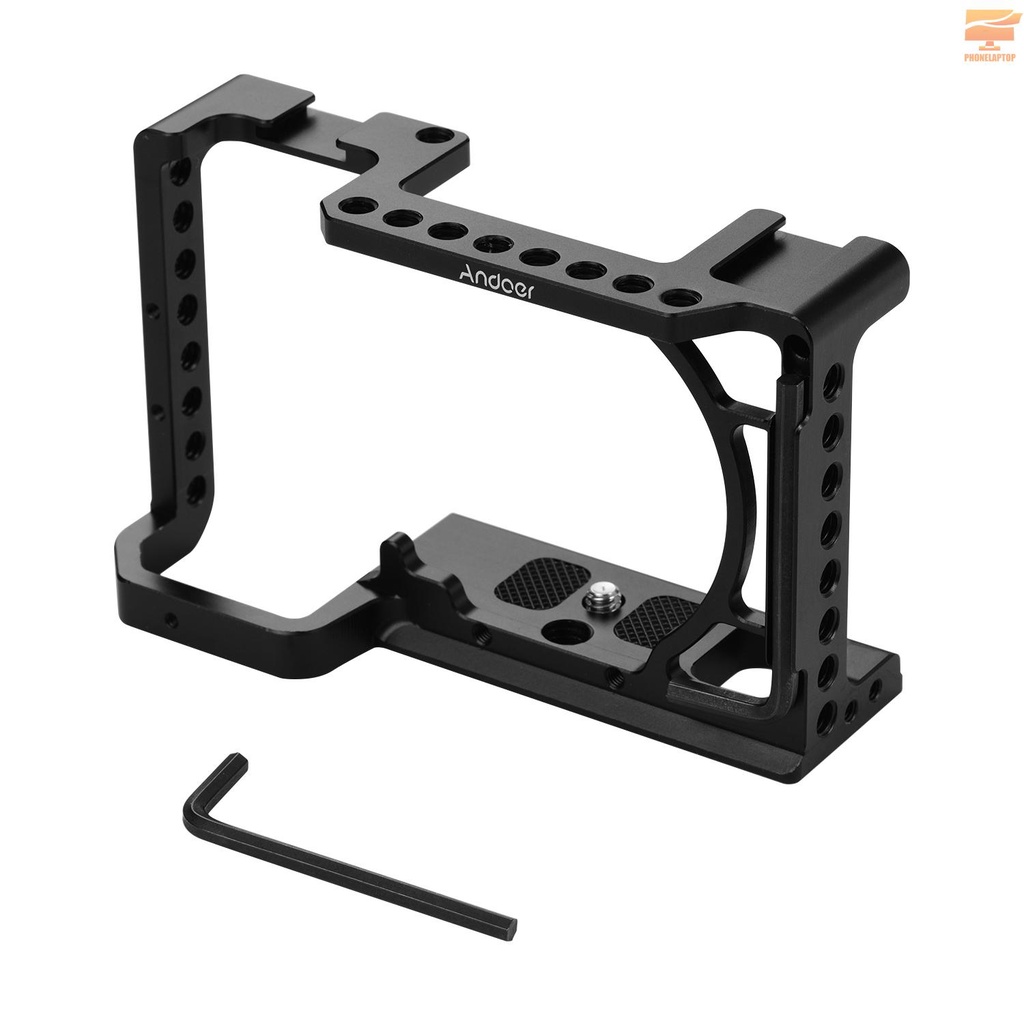 Andoer Professional Photography Camera Cage Kit Aluminum Alloy Camera Case Bracket with 1/4" 3/8" Extension Thread Holes and Cold Shoes Mini Wrench Compatible with Sony A6600,A6500,A6400,A6300,A6000