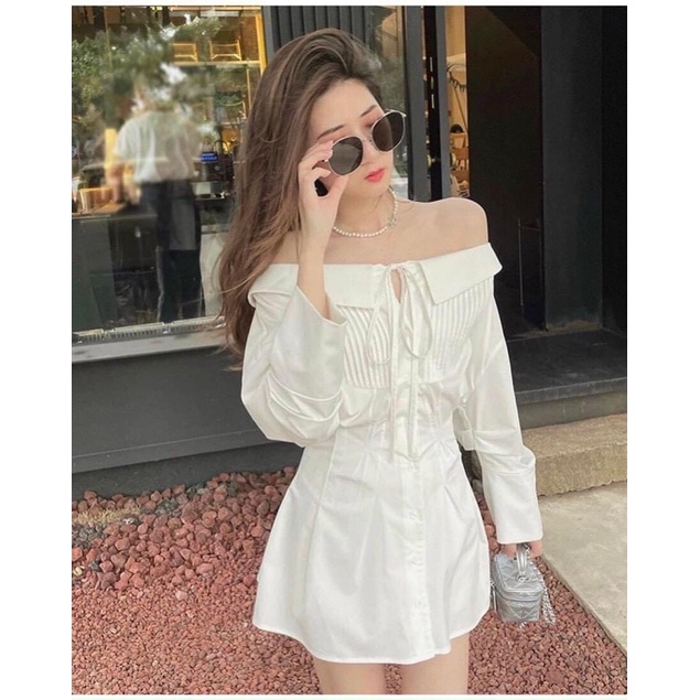SET ÁO TRẮNG BẸT VAI XẾP LY NGỰC TAY DÀI + QUẦN SHORT TRẮNG, CHẤT VẢI ĐẸP, HÌNH SẢN PHẨM SHOP CHỤP CẬN SÀN, HÀNG CÓ SẴN