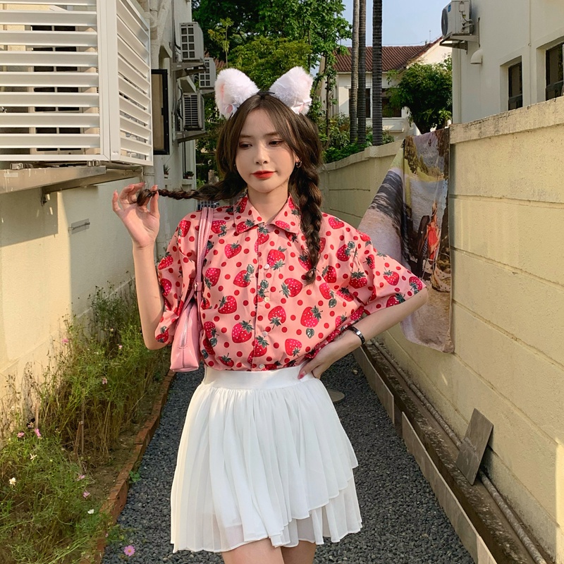 Áo Sơ Mi Nữ Tay Ngắn Dáng Rộng In Hình Quả Dâu Phong Cách Hàn Quốc