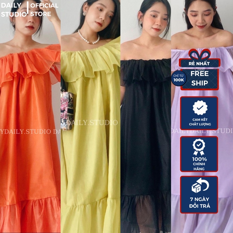 Đầm Trễ Vai Hàng Đẹp(có ảnh thật)Váy trễ vai bánh bèo tiểu thư, Đầm Trễ Vai Tay Bồng tiểu thư dáng dài hai lớpi