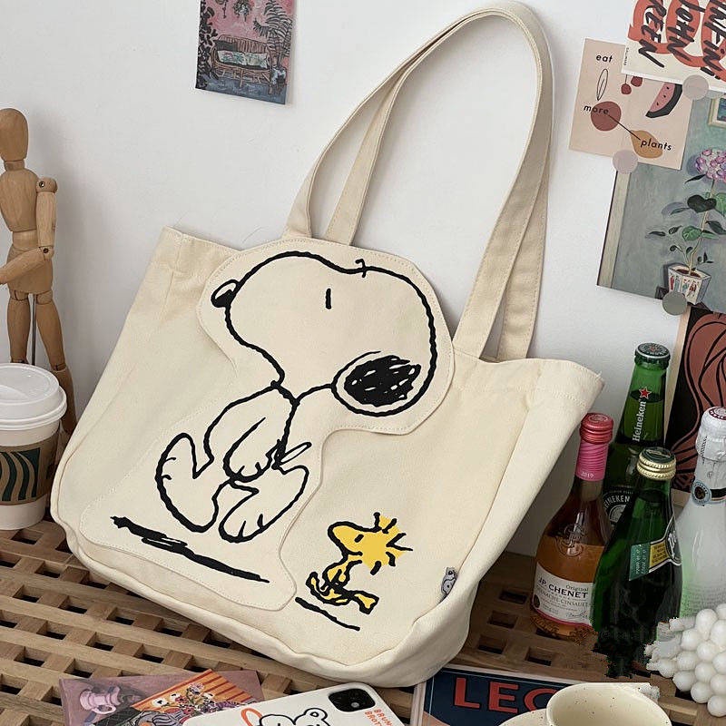 Snoopy Snoppy Original Canvas Bag Shoulder Bag Cartoon Cute Large Capacity Zipper Female Student Tuition Bag pCP0