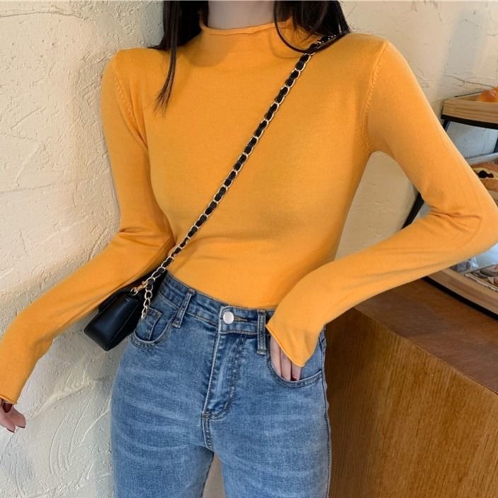 Áo Giữ Nhiệt New Korean Slim Bottoming Long-sleeved Half-high Collar Sweater Women