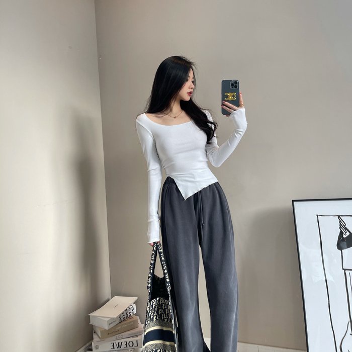 Áo Thu Đông Nữ Body Dài Tay Xẻ Tà Trễ Vai - Áo Croptop Nữ Dài Tay Cổ Bèo Vạt Lệch