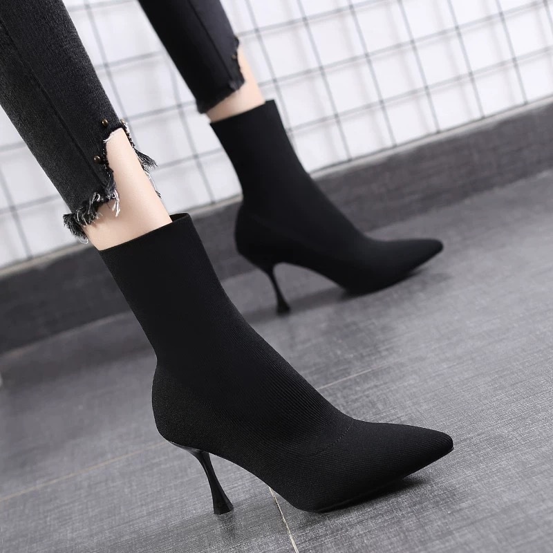 Giày Bốt Cao Gót Mũi Nhọn Phối Tất Mỏng Co Giãn Thời Trang Thu Đông Hàng Mới 2021 Dành Cho Bạn Nữ