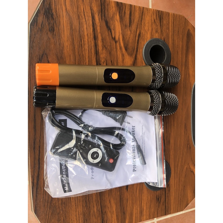 Loa Kéo Karaoke Bass 4 tấc 3 Đường Tiếng Vỏ gỗ Cao cấp, tặng kèm 2 Mic Không dây UHF Kim Loại