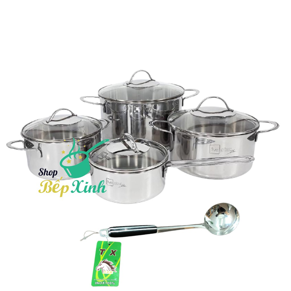 Bộ nồi 3 lớp đáy liền inox 304 Fivestar Plus quai oval nắp kính , tặng 1 vá canh