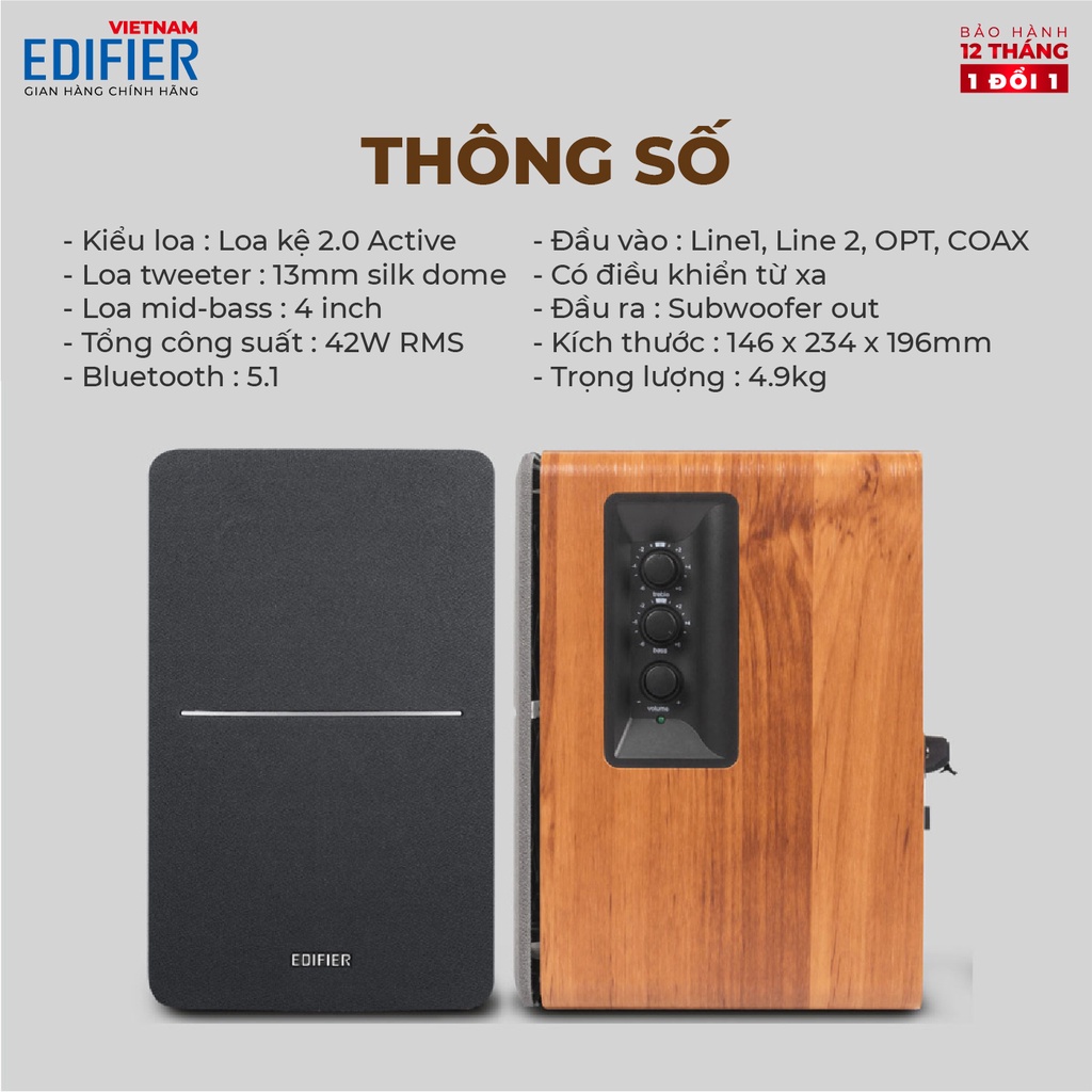 Bộ loa Bluetooth Bookshelf EDIFIER R1280DBs | Bluetooth 5.0, Subout | Điều khiển từ xa | Bảo Hành 12 Tháng.