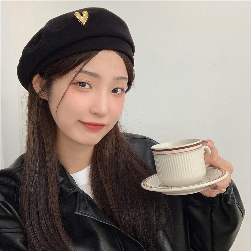 Mũ nồi len phối trái tim kim loại thời trang thu đông Hàn Quốc cho nữ