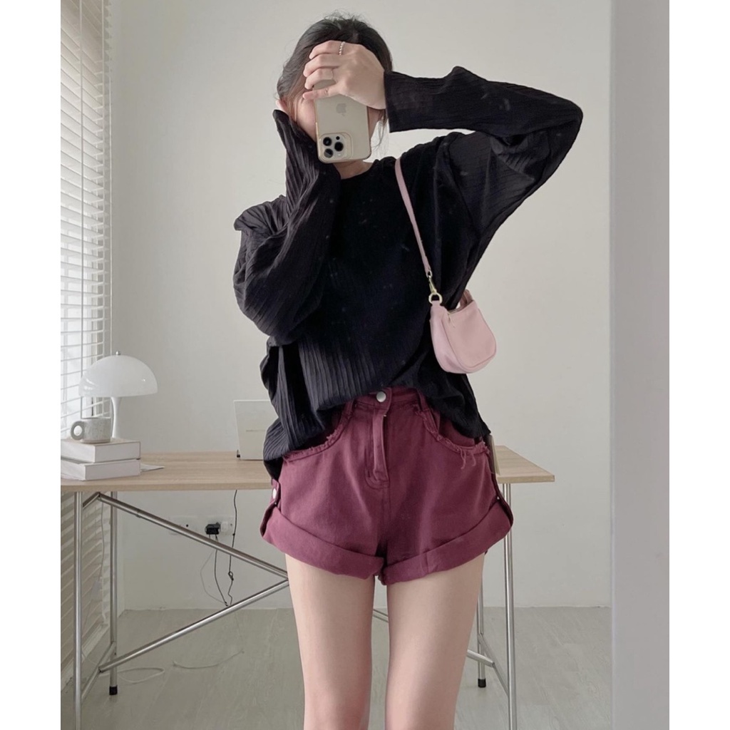 Áo Thun Nữ Cổ Tròn Dáng Suông Vải Xốp Gân Dài Tay 3 Màu Siêu Basic