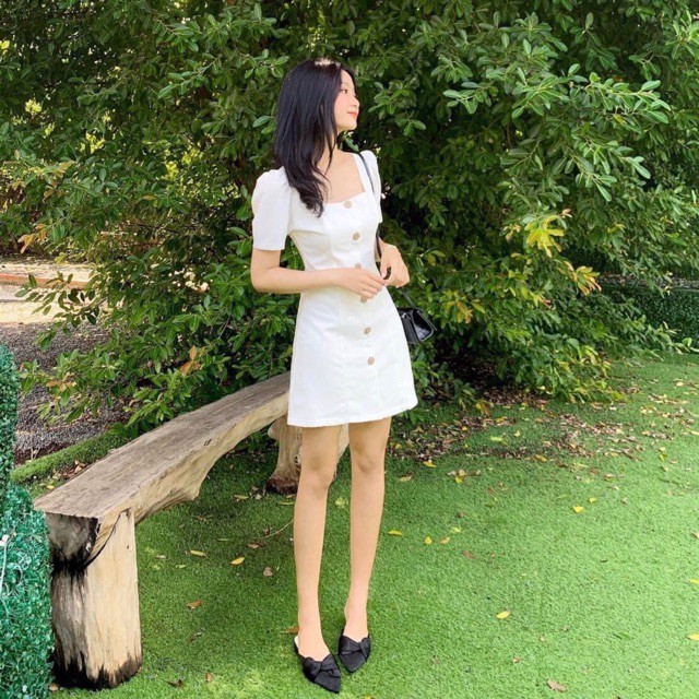 Đầm váy freesize cổ U nút dừa 2 màu