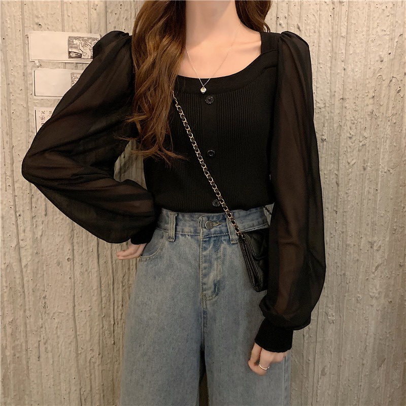 Áo dệt kim SUXI tay dài cổ vuông thiết kế thời trang theo phong cách hàn quốc cho nữ