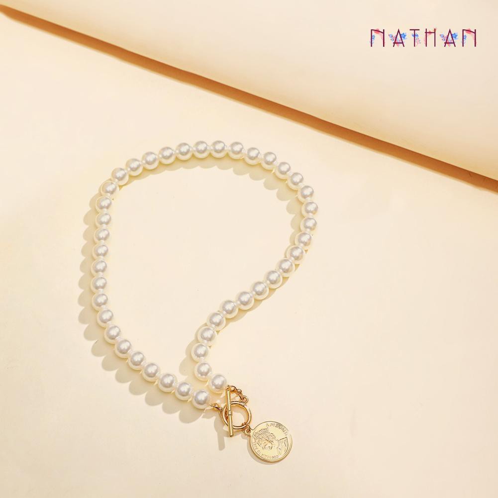 Nathan Elegant Chain Pearl Necklace Women Portrait Coin Pendants Choker Jewelry