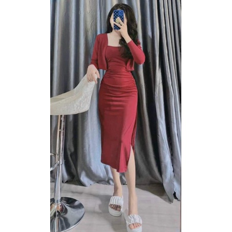 SET 2 MÓN ĐẦM ỐNG XẺ TÀ KÈM ÁO KHOÁC NHƯ HÌNH
