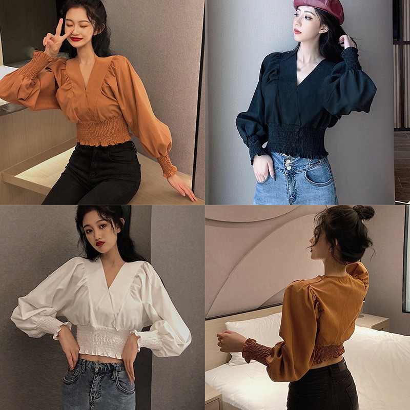 Áo kiểu dài tay cổ chữ V màu trơn gợi cảm cho nữ