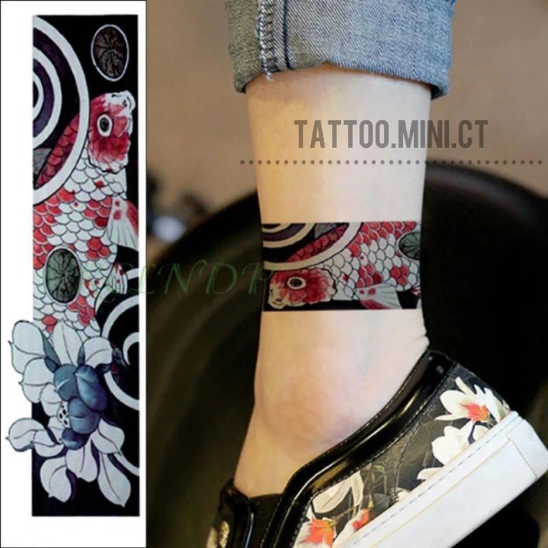 Hình xăm vòng tay cổ chân mẫu cá chép trắng đỏ đen size 23x6cm. Boss tatoo - xăm dán tạm thời