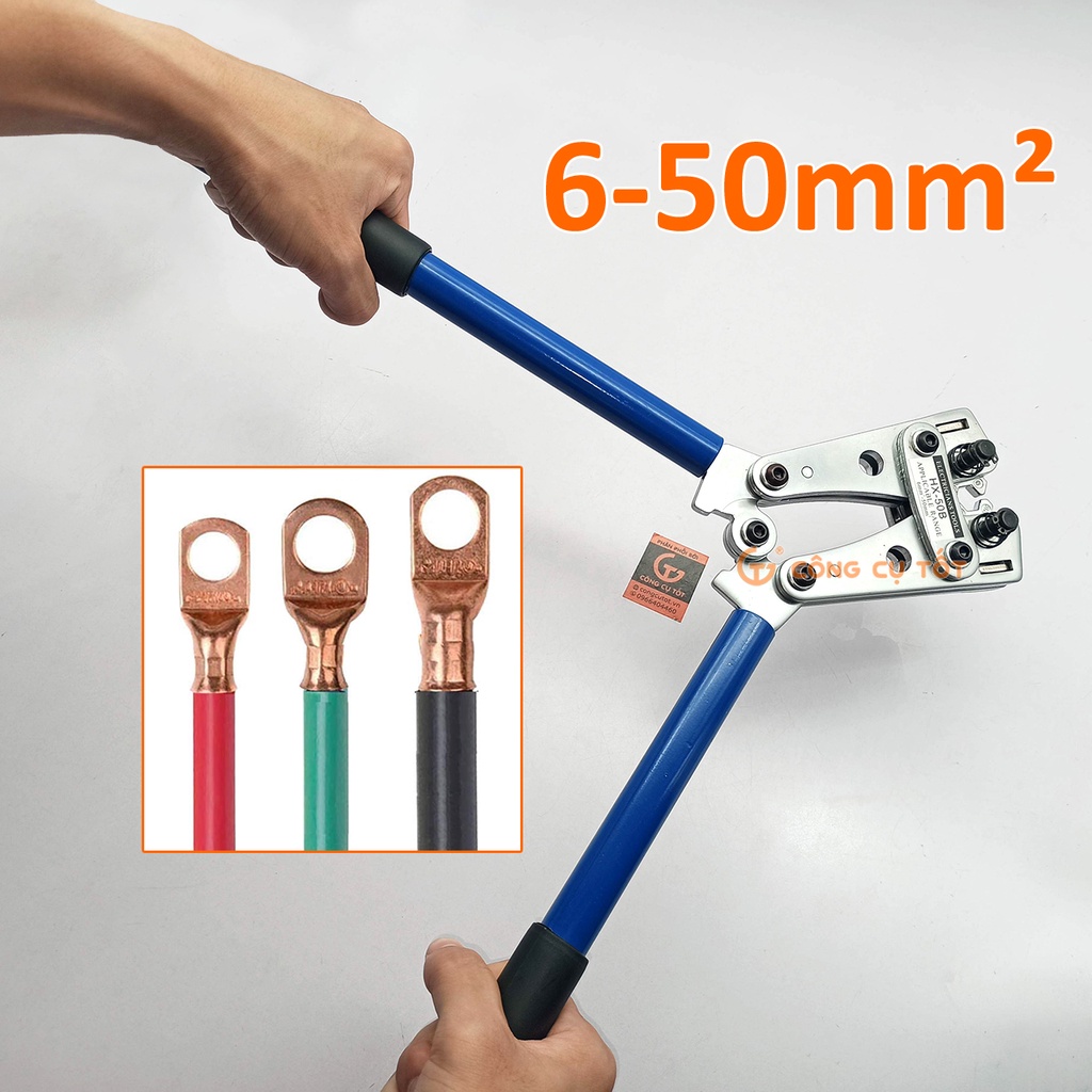 Kìm bấm cos dây điện chuyên dụng loại lớn, Kiềm bấm cos cơ lục giác gọng xoay cỡ lớn TOOZO HX-50B dài 390mm 6-50mm2