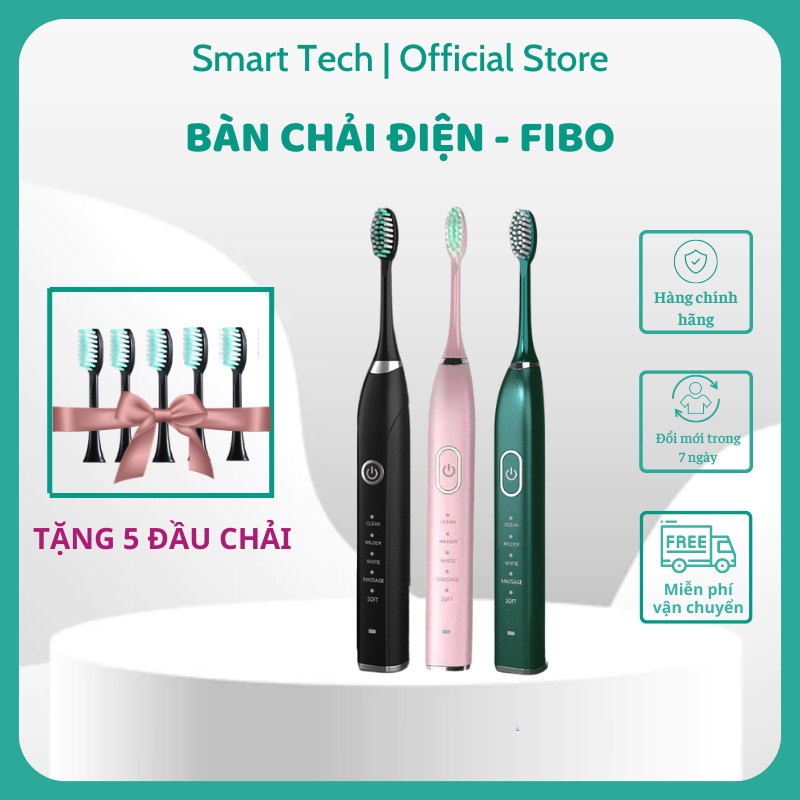 Máy đánh răng điện cao cấp tiêu chuẩn Châu Âu - SONIC FIBO, Bàn chải điện đánh răng tự động 05 chế độ, Tặng 05 đầu chải