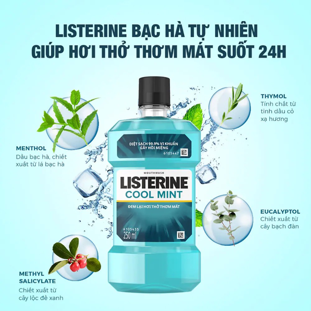 Nước súc miệng Listerine Cool Mint diệt khuẩn giữ hơi thở thơm mát 250ml