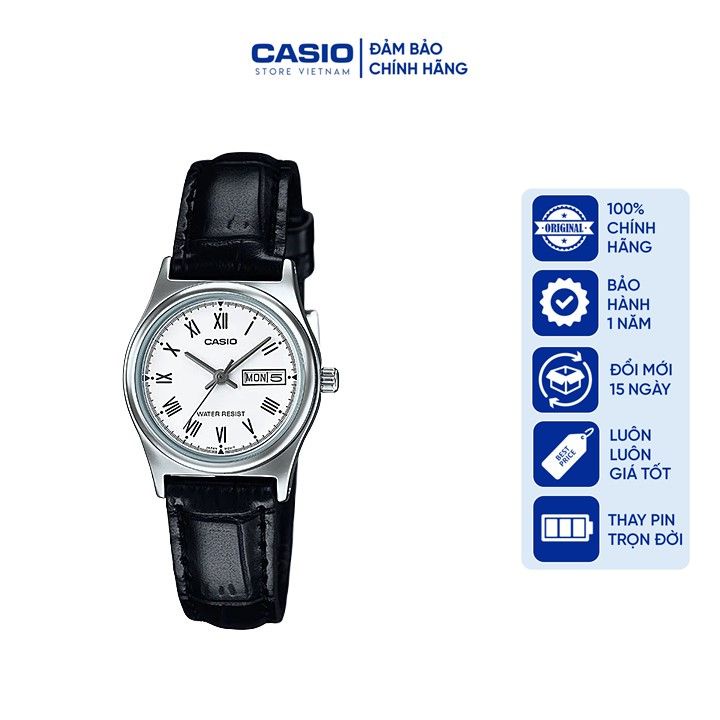 Đồng hồ Nữ Casio LTP-V006L-7B, đồng hồ chính hãng, dây da đen mặt trắng size nữ