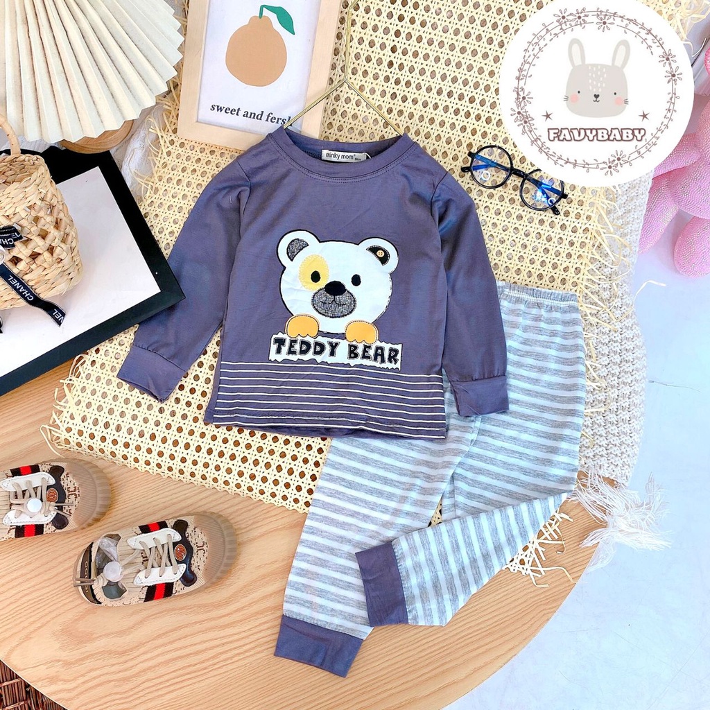 Bộ Dài Tay MINKY MOM Chính Hãng Bé Trai Bé Gái Thun Lạnh Sọc Quần Dệt Hình Gấu Dory Gà Con Khủng Long Mickey-Favybaby