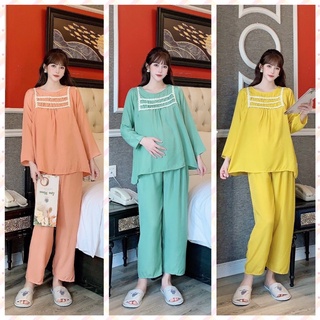 Bộ đồ bầu và Sau Sinh MAMADRESS thiết kế ren ngực sành điệu tiểu thư chất ĐŨI LỤA mềm mại áo có KHOÁ TI quần có CHUN