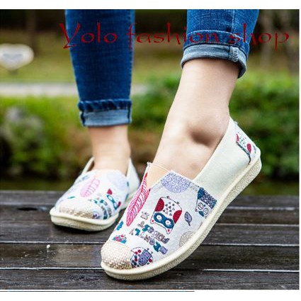 [Hình thật] GL3 Giày lười slip on nữ bọc cói vintage thời trang