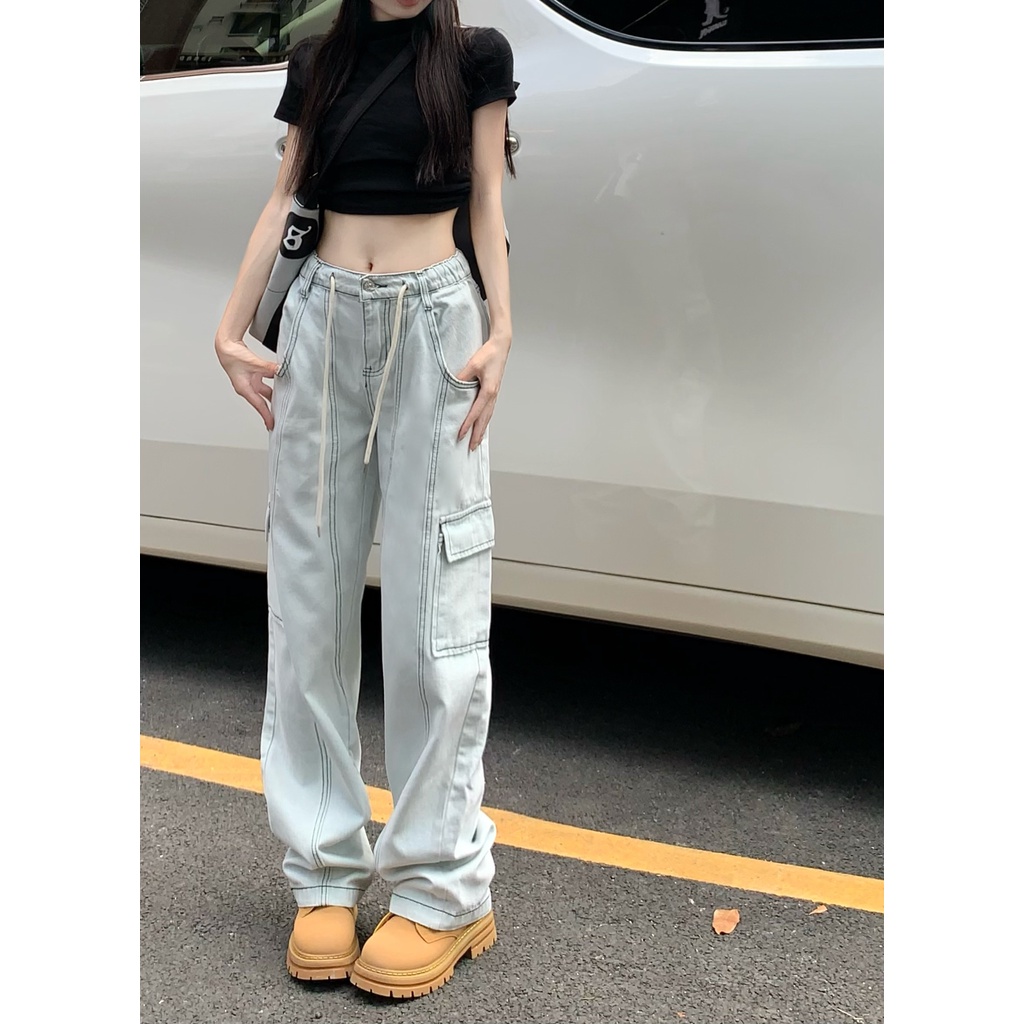 「MOTEL7」Quần Yếm Denim Ống Rộng Dáng Suông Lưng Cao Có Túi Lớn Và Dây Rút Phong Cách Mỹ Dễ Phối Đồ
