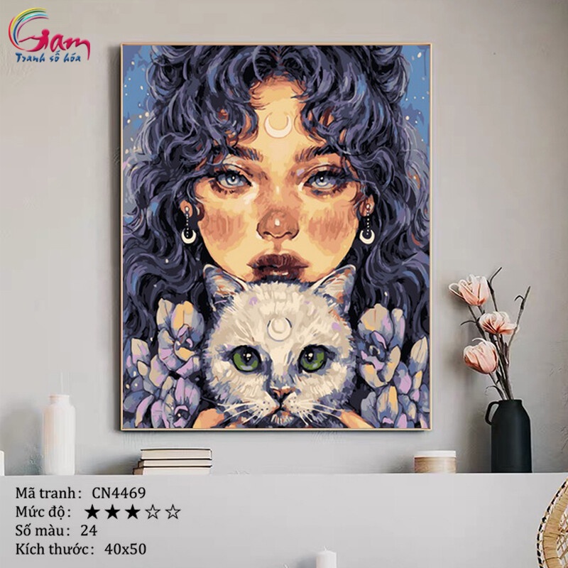 Tranh tô màu theo số Gam cô gái mèo CN4469 40x50cm đã căng khung