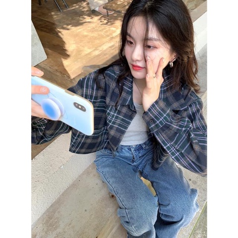 Áo Sơ Mi Tay Dài Dáng Rộng Họa Tiết Caro Phong Cách Hàn Quốc Mới