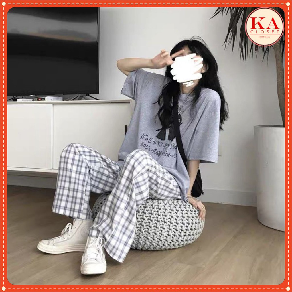 Set bộ xám quần kẻ KA Closet tông xuyệt tông,áo chất cotton loại 1, quần chất kẻ thô, hàng hot 2021