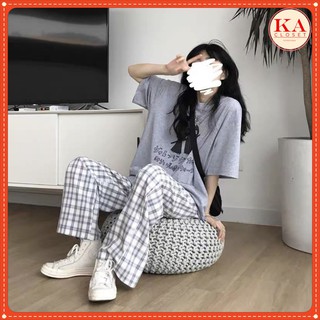 Set bộ xám quần kẻ KA Closet tông xuyệt tông,áo chất cotton loại 1, quần chất kẻ thô, hàng hot 2021