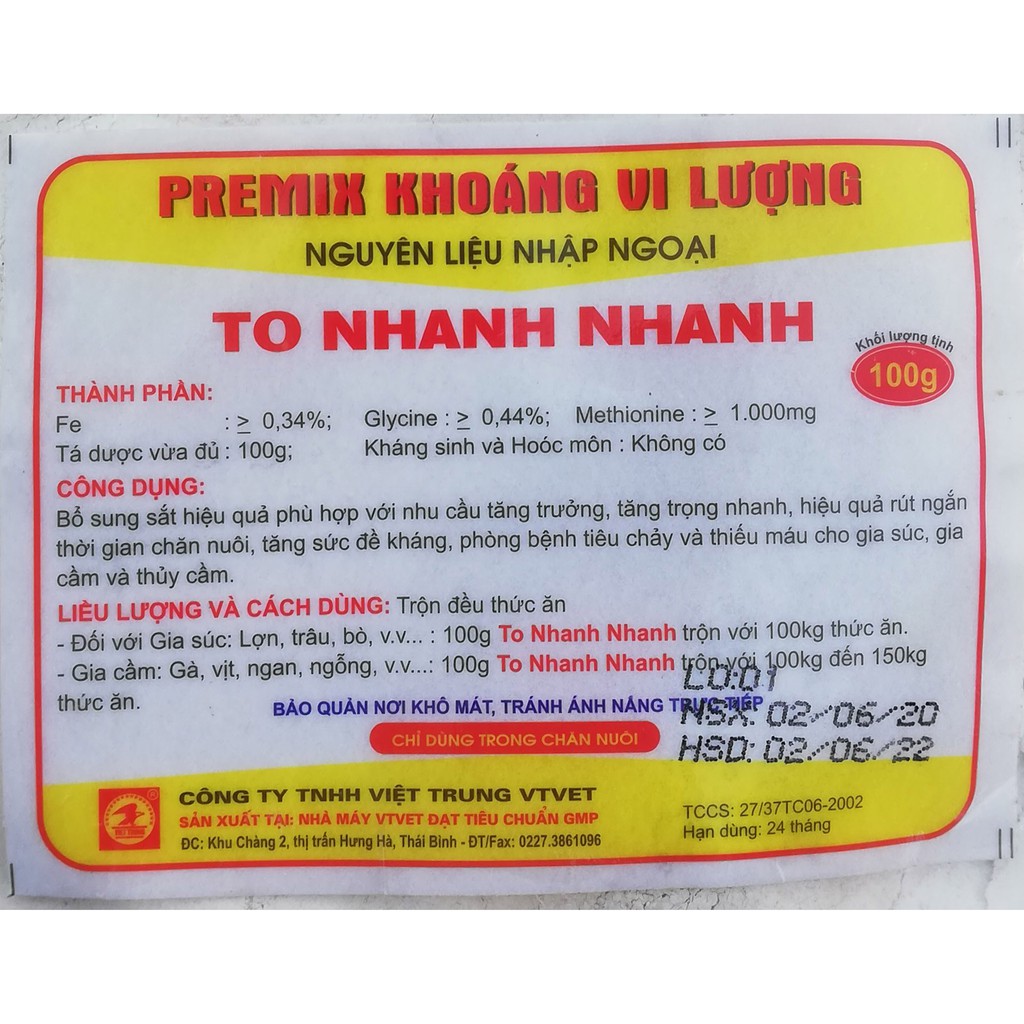 1 gói To nhanh nhanh 100 g Premix khoáng vi lượng dùng tốt cho lợn, trâu bò, gà, vịt, ngan, ngỗng, gà chọi, chim cảnh