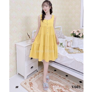 Váy ngủ mặc nhà dáng xòe chất liệu vải đũi 3 màu dễ thương LAVOME mã V60