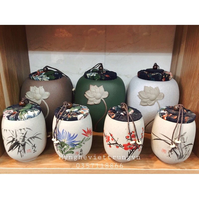 Hũ Trà Gốm Họa Tiết Mai Lan Cúc Trúc