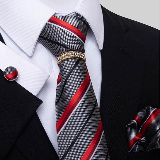 Bộ Cà vạt 4 món gồm Cavat 8cm, khăn cài túi, Măng-set, Nhẫn tròn phụ kiện, Cravat chú rể, Calavat công sở CBC-8237