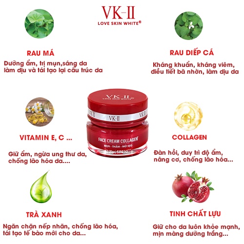 Kem dưỡng da giảm mụn mờ thâm sẹo VK-II Love Skin White Face Cream Collagen 20g