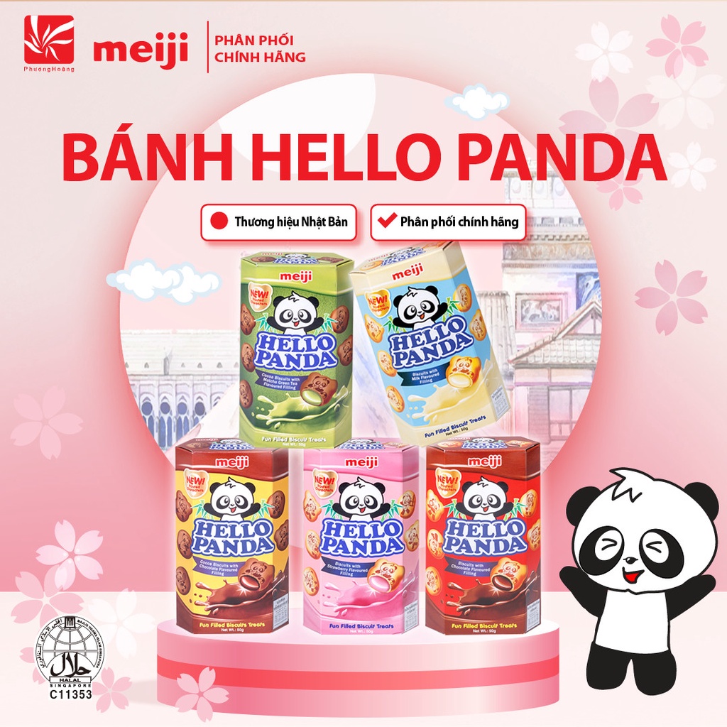 Bánh Gấu Hello Panda Socola/Dâu/Sữa/2 Socola/Trà Xanh Meiji Chocolate/Strawberry/Milk/2 chocolate/Matcha 50g Nhật Bản