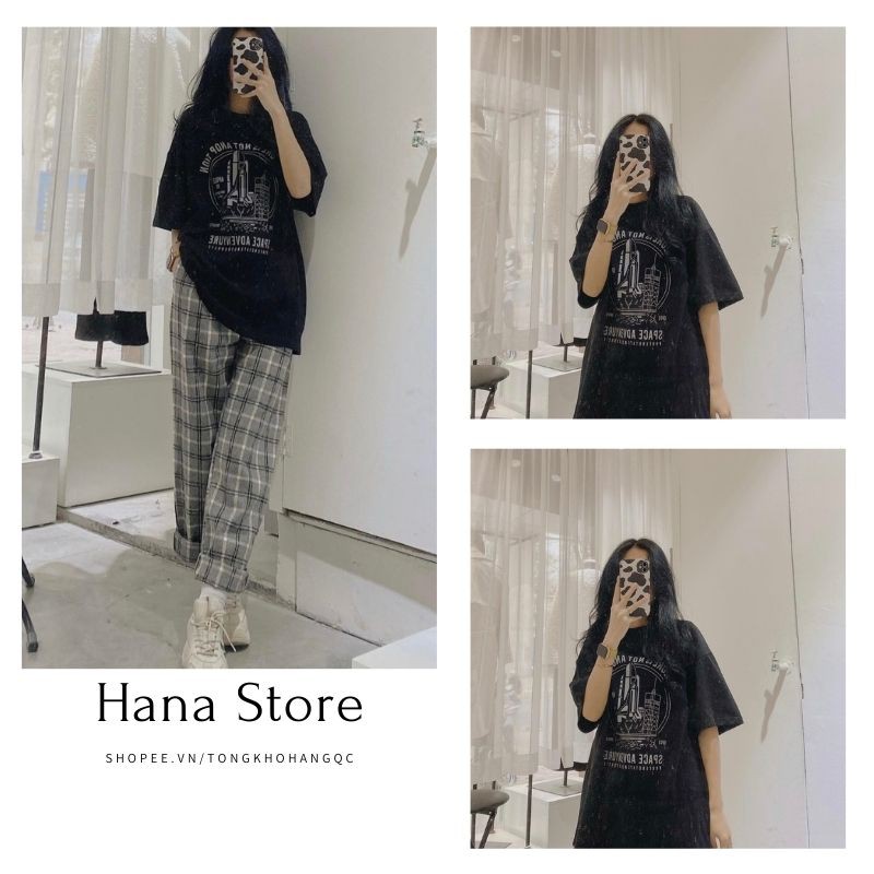 Set Quần Culottes &amp; Áo Ulzzang SPACE ❤️ Bộ quần kẻ caro ống suông trendy và áo phông form rộng tay lỡ Ulzzang ❤️