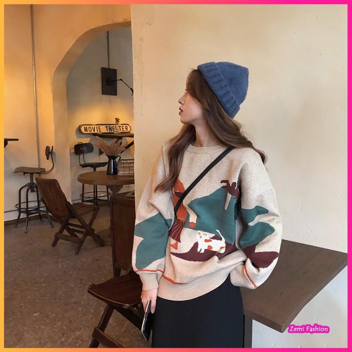 Áo len ulzzang ❤️ áo len nữ form rộng cổ tròn họa tiết thêu hình cô gái dễ thương | BigBuy360 - bigbuy360.vn