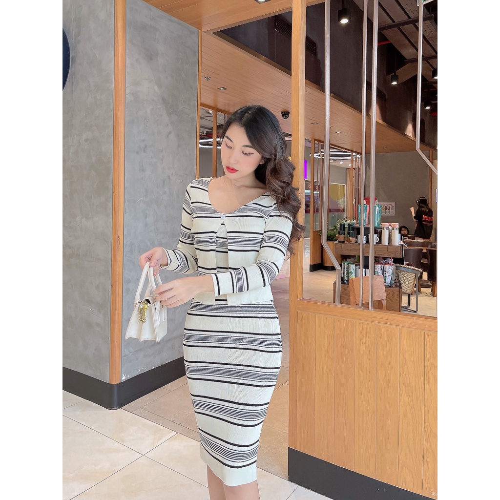 Set Áo khoác + Đầm 2 dây trẻ trung chỉ mịn cao cấp Paola DS01